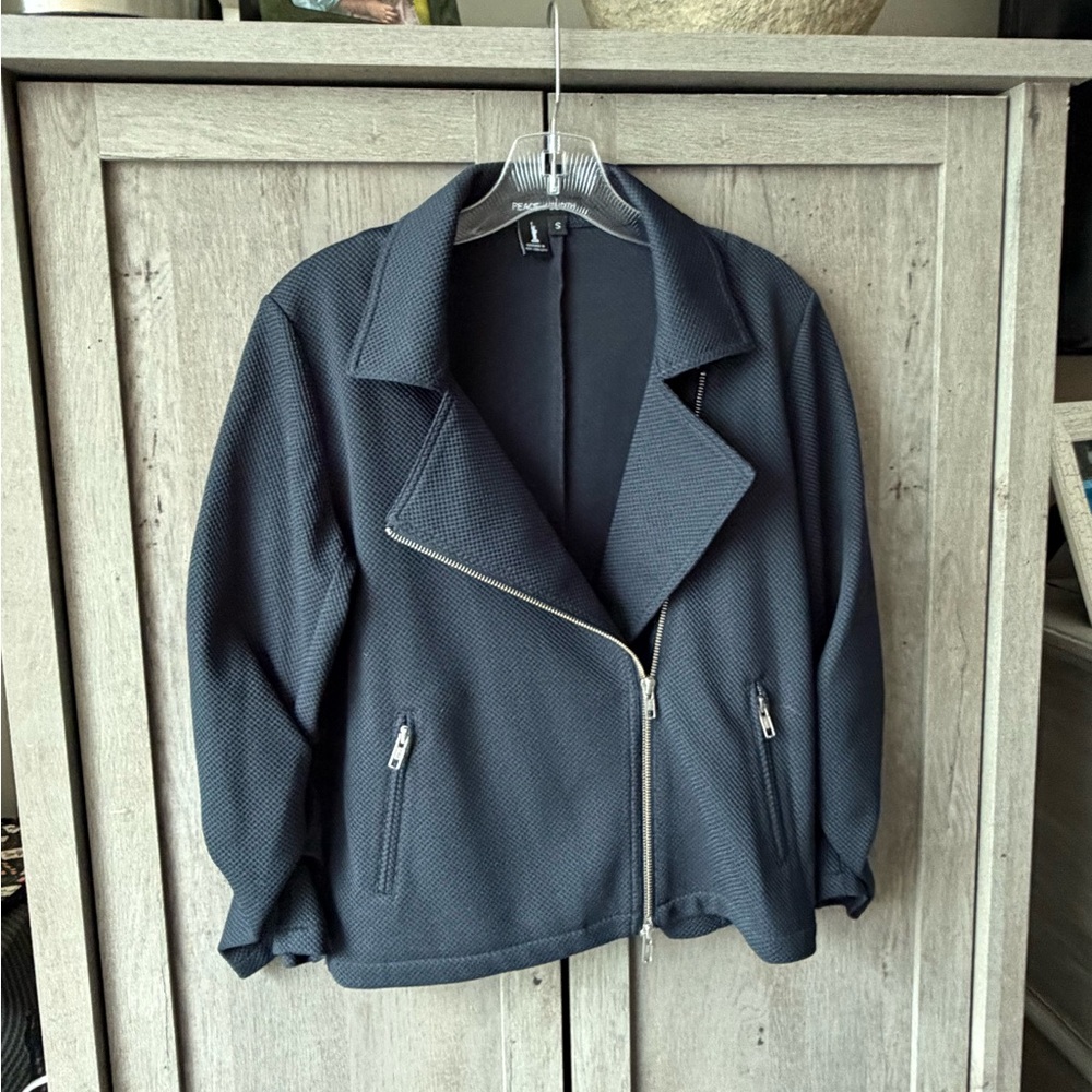 Peace of Cloth Black Textured Asymmetrical Zip Bomber Jacket